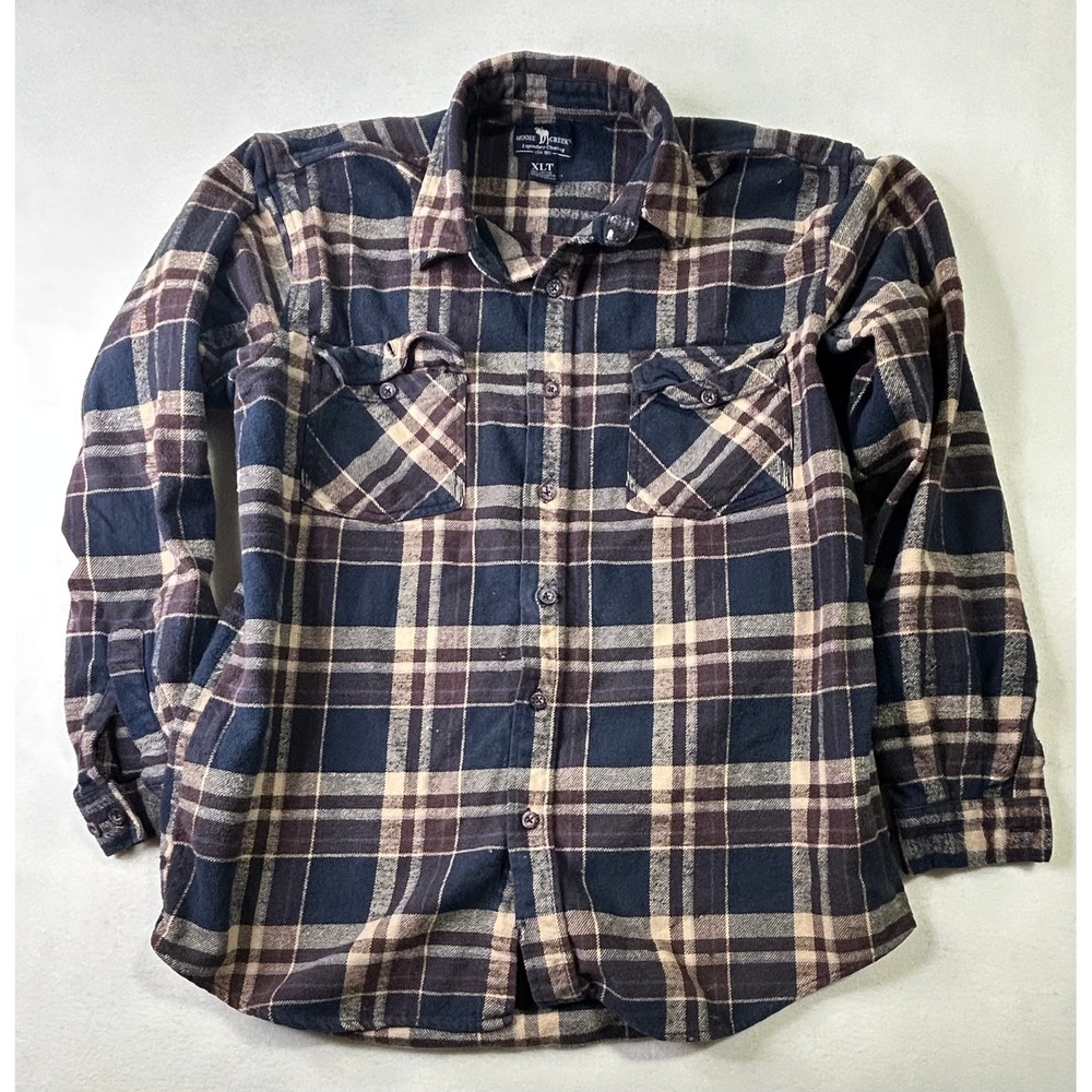Moose Creek Mens XLT Plaid Flannel Shirt Long Sleeve Navy Brown‎ Cotton Tall